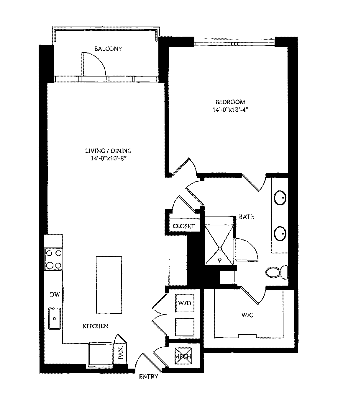 Floor plan for 1 bed, 1 bath, 993 sqft